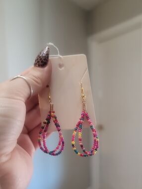 Colorful Pink Multicolor Beaded Teardrop Earrings - Unbranded